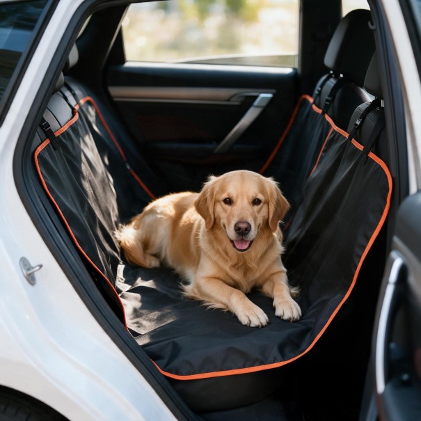 Vandtæt bagsædeovertræk til hunde Hamaka 145 x 135 cm Oxford stof Sort med orange kant Beskyttelse af sæder under rejse 1