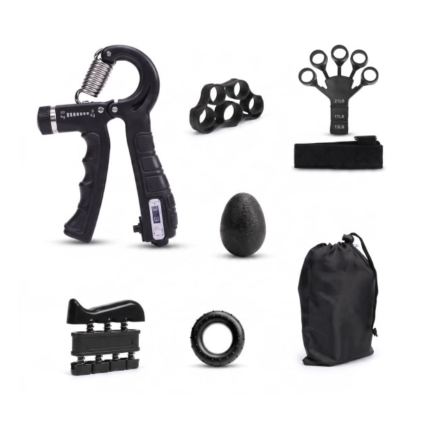 Conjunto de fortalecimento de mãos e dedos - Fortalecedor de pegada 5 - 60 kg com contador, 3 fortalecedores de dedos, Anel, Bola e Saco Preto Treino 1