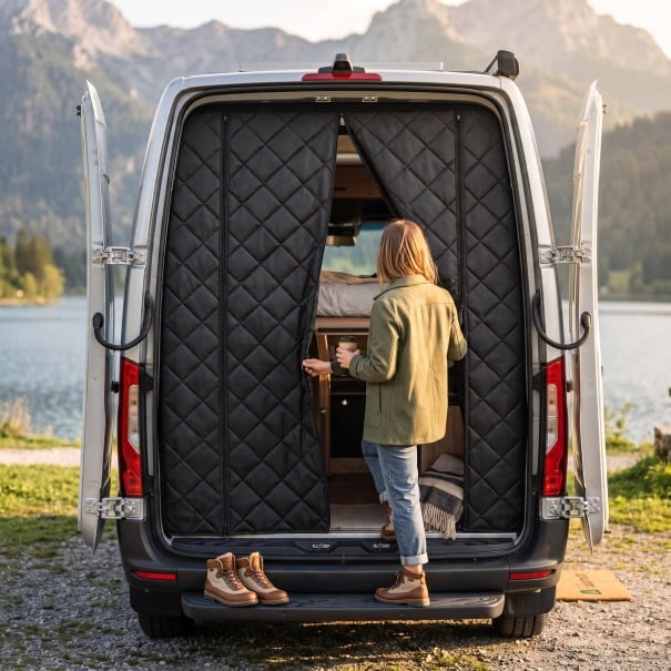 Izolační clona na zadní dveře Fiat Ducato Peugeot Boxer Citroen Relay 2006+ Ram Promaster Termo zatemnění Prošívaná Černá Obytné auto 1