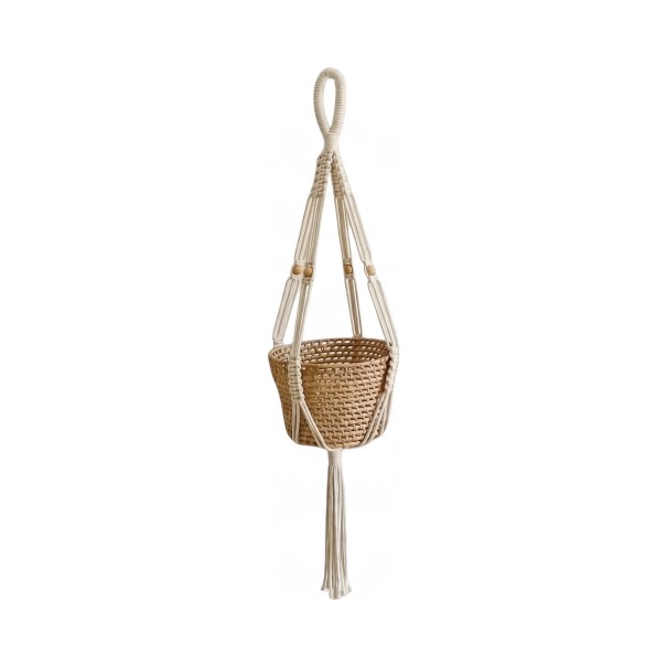 Makramé ophæng til plantekrukker 90 cm Lige flettede bånd og træperler Håndflettet bomuldsreb Beige Boho dekoration til planter 1