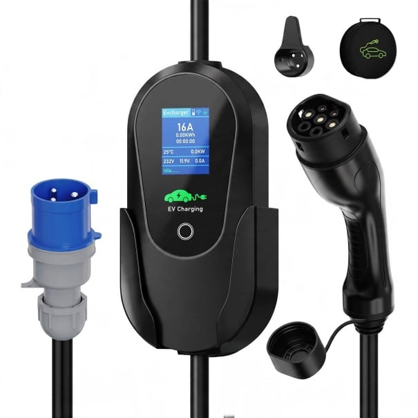 Tragbare Ladestation für Elektroautos Typ 2 7,2 kW 32 A 1-phasig Kabel 5 m WiFi und Bluetooth App CEE Stecker Schwarz Zuhause Wallbox 1