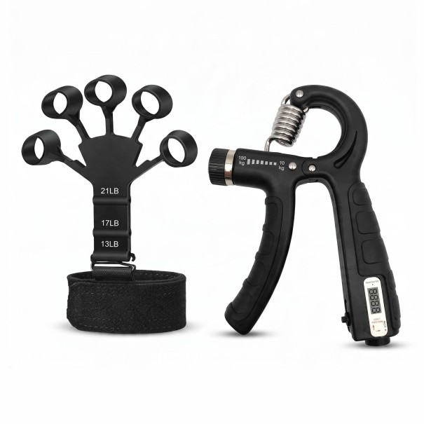 Conjunto de fortalecimento de mão e dedos - Fortalecedor de pegada 10 - 100 kg com contador e fortalecedor de dedos com faixa para pulso Preto Treino 1