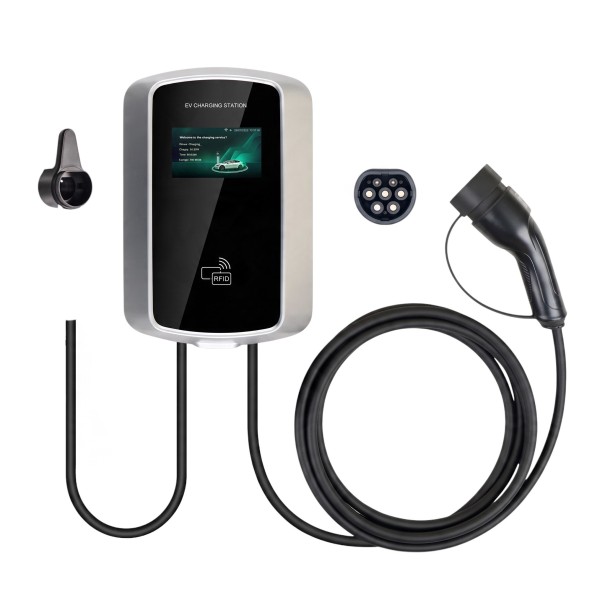 Wallbox Typ 2 22 kW 32 A 3-phasige Ladestation Kabel 5 m WiFi-App und RFID LCD-Display Silber-Schwarz Heimladen 1