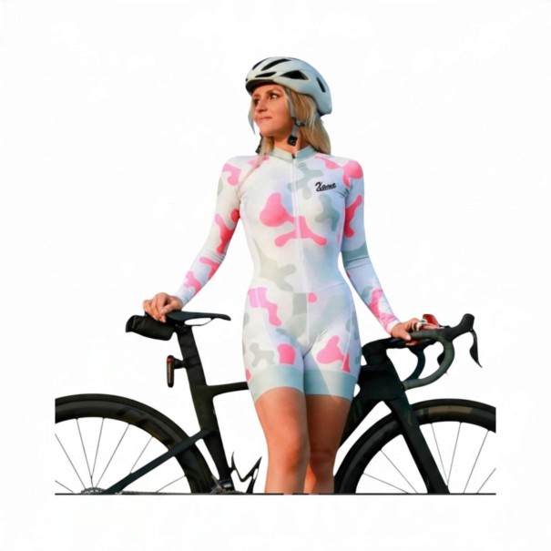 Ladies' Cycling Set Long Sleeve Jersey and Shorts Fitted Cut Stand-Up Collar and Zip Polyester and Spandex White Camouflage with Pink XS