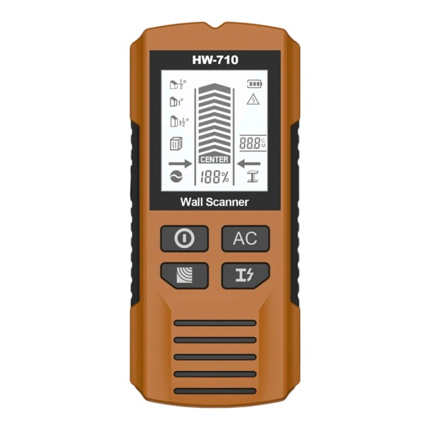 Wall Detector HW-710 6-in-1 with LCD Display for Metal Detection up to 80 mm and Live Wires up to 51 mm for Finding Joists orange