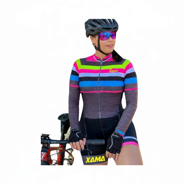 Women's Cycling Set Long Sleeve Jersey and Shorts Fitted Cut Stand-Up Collar and Zip Polyester and Spandex Grey with Colourful Stripes XS