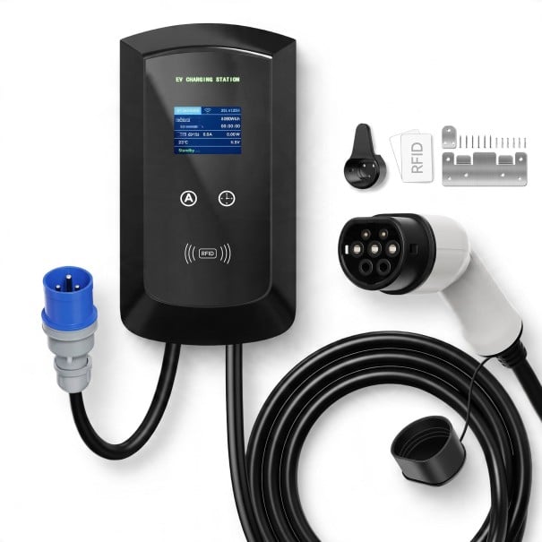 Ladegerät für Elektroautos Wallbox Typ 2 7,6 kW 32 A 1-phasig Kabel 5 m CEE-Stecker WiFi Bluetooth und RFID Schwarz Heimladen 1