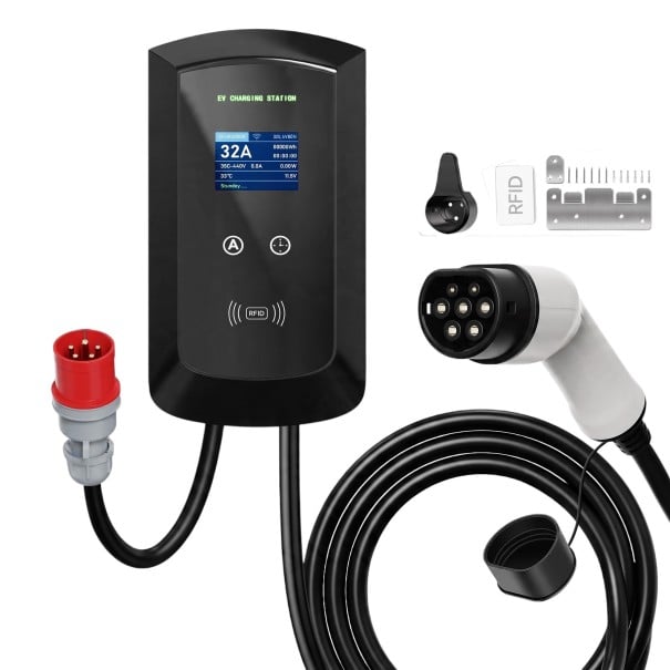 Ladestation für Elektrofahrzeuge Wallbox Typ 2 11 kW 16 A 3-phasig Kabel 5 m CEE-Stecker WiFi Bluetooth und RFID Schwarz Heimladen 1