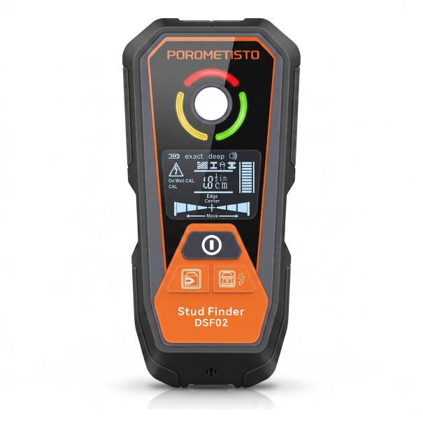 Vægdetektor POROMETISTO DSF02 6v1 med LCD-display og opladning via USB-C, metal detektion op til 120 mm og ledninger op til 50 mm, orange-sort 1