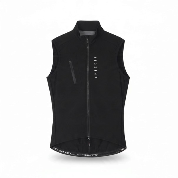 Men's Sleeveless Cycling Gilet Full-Length Zip Chest Pocket High Collar Polyester black XXS