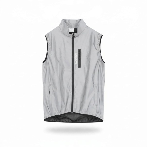 Men's Sleeveless Cycling Gilet Reflective Material Chest and Side Zip Pockets Stand-Up Collar Mesh Lining Polyester Grey S