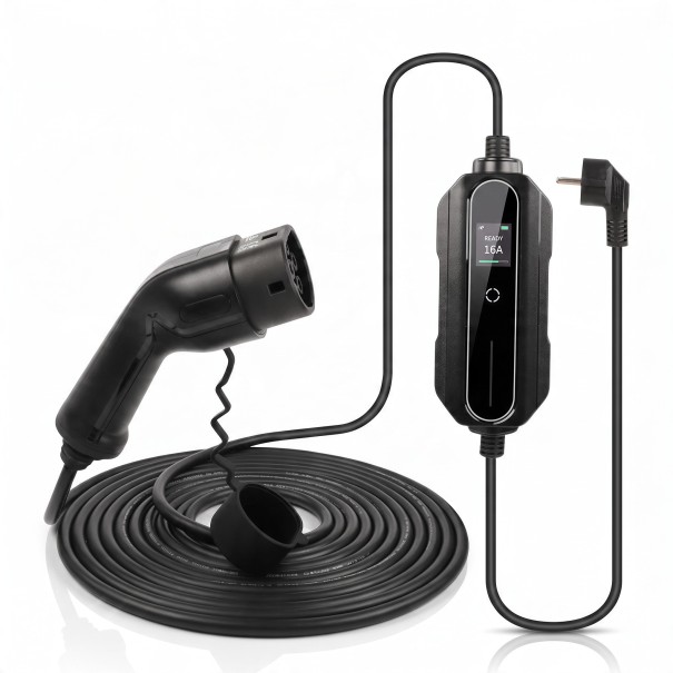 Tragbare Ladestation für Elektroautos Typ 2 Stecker Schuko 3,6 kW 6 bis 16 A Kabel 10 m LCD-Display IP66 Schwarz Für normale Steckdose 1