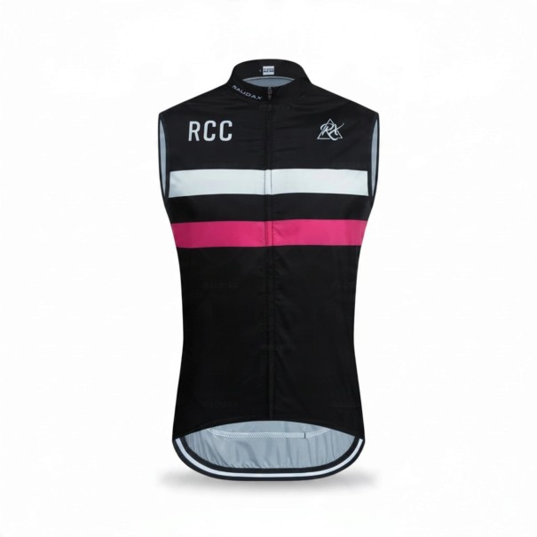 Men's Sleeveless Cycling Gilet Full Length Zip Stand-Up Collar Extended Back Polyester Black with White and Pink Stripe XS