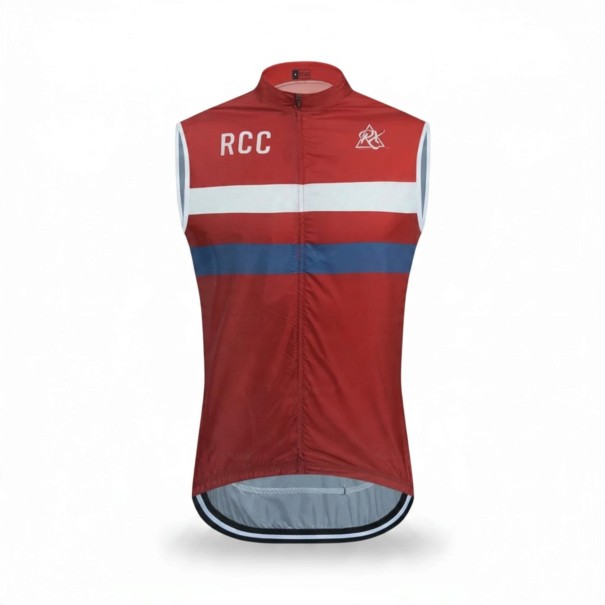 Men's Sleeveless Cycling Gilet Full-Length Zip Stand-Up Collar Extended Back Polyester Red with White and Blue Stripe XS