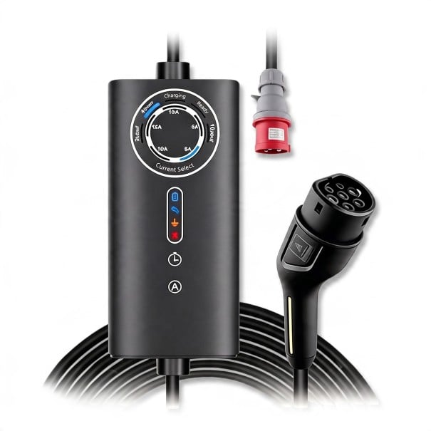 Tragbare Ladestation für Elektrofahrzeuge Typ 2 11 kW 16 A 3-phasig Kabel 5 m Geplantes Laden Wasserdicht IP65 CEE Stecker Schwarz 1