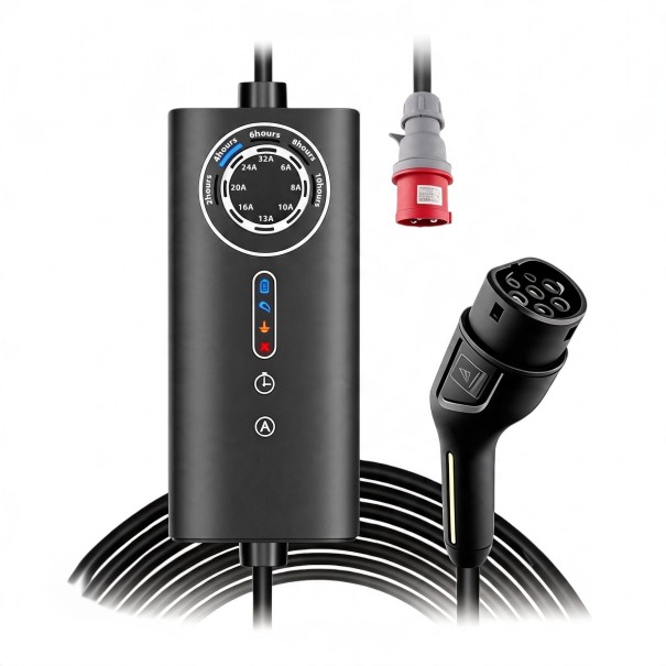 Tragbare Ladestation für Elektrofahrzeuge Typ 2 22 kW 32 A 3-phasig Kabel 5 m Geplantes Laden Wasserdicht IP65 CEE-Stecker Schwarz 1