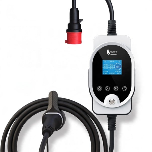 Tragbare Ladestation für Elektrofahrzeuge Typ 2 22 kW 32 A 3-phasig WiFi-App Kabel 5 m CEE-Stecker IP66 Schwarz-Weiß Wandmontage möglich 1