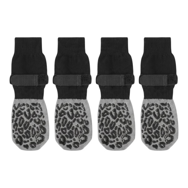 Sokker til hunde skridsikre med beskyttelse af poter 4 stk Størrelse M Længde 16 cm Bredde på pote 6,6 cm Silikone leopardmønster Sorte og grå 1