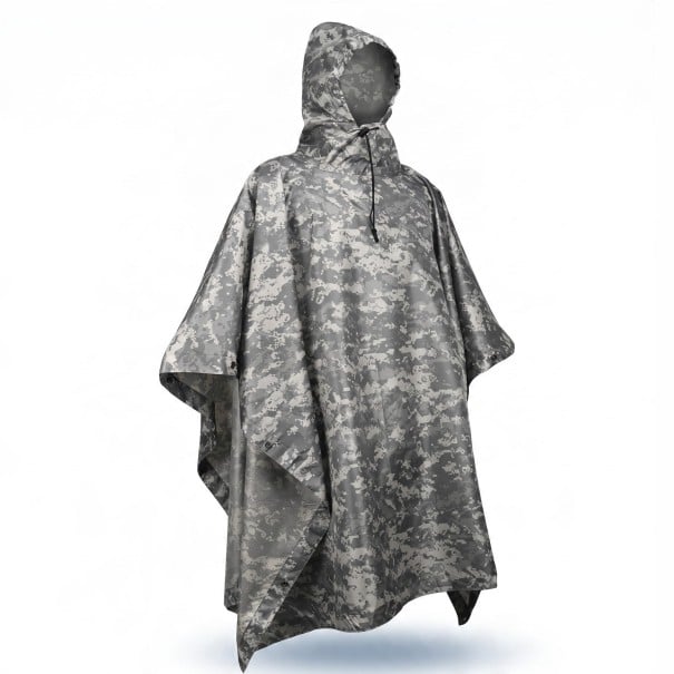 Maskáčové pončo pláštěnka s kapucí šířka 140 cm polyester s PU vrstvou skládací s úložným vakem pro turistiku unisex šedá