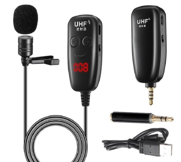 Trådlös lavaliermikrofon med sändare och mottagare Omnidirektionell Överföring i UHF-bandet Sändare med display 3,5 mm jackkontakt och adapter Batteri 1