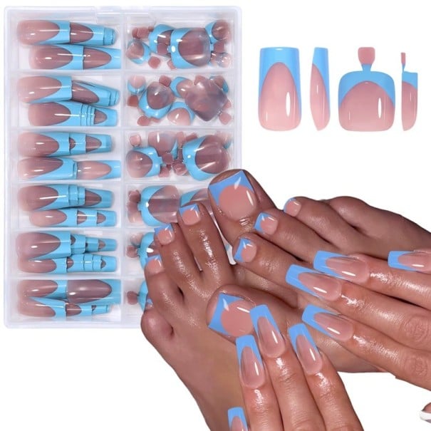144 de bucăți set de unghii franțuzești pentru mâini și picioare Formă pătrată Unghii artificiale acrilice lucioase 12 dimensiuni Manichiură albastru