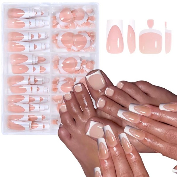 144 pièces de kit d'ongles français pour les mains et les pieds Forme carrée Ongles en acrylique brillants 12 tailles Manucure et pédicure complètes nude