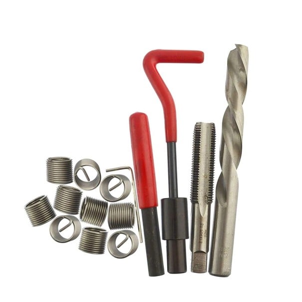 15 ks sada vložek pro opravu metrických závitů M14x1,25 s vrtákem a závitníkem kovová stříbrná pro opravy závitů 1