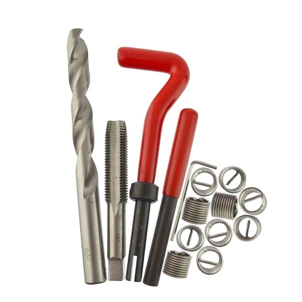 15 Stück Set von Einsätzen zur Reparatur von metrischen Gewinden M12x1,25 mit Bohrer und Gewindeschneider aus Metall in Silber für Gewinde-Reparaturen