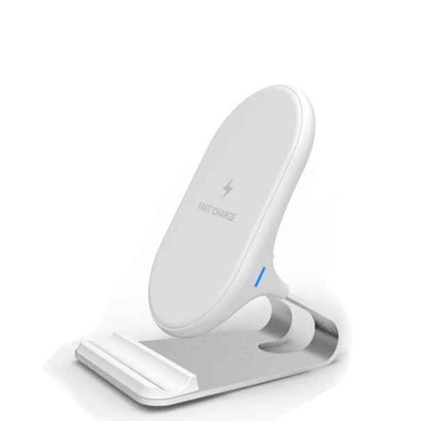 15 W Qi Wireless Charger with Stand for Mobile Phones Oval Charging Surface Aluminium Base with Support Light Indicator white
