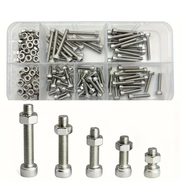 150 ks sada šestihranných imbusových šroubů a matic M3x8–25 nerezová ocel 304 stříbrná pro montáž a spojování dílů 1