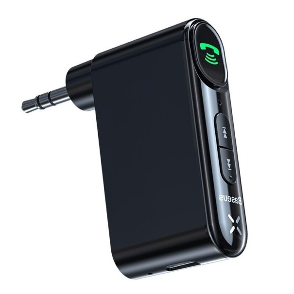 Bluetooth 5.0 AUX-adapter med 3,5 mm jack Trådlös överföring av musik från telefonen Knapp för att styra låtar och samtal Batteri 145 mAh 1
