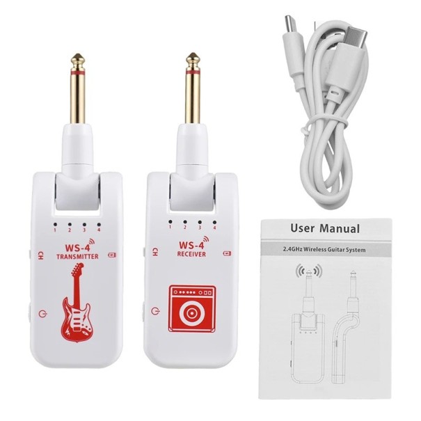 2.4G bezdrôtový gitarový systém Vysielač a prijímač pre elektrickú gitaru a basgitaru Rýchly prenos zvuku Neutrálne farby Hudobné príslušenstvo biela