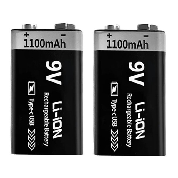 2 db újratölthető 9V 1100mAh Li-ion akkumulátor USB-C csatlakozóval 6F22 játékokhoz, RC modellekhez, multiméterekhez, detektorokhoz és háztartási 1