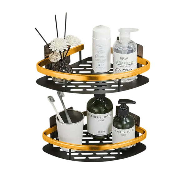 2 estantes de esquina para baño, 29 x 22 x 5,5 cm, de acero inoxidable y aluminio, autoadhesivos, organizadores de ducha sin necesidad de taladrar, soporte para cosméticos y accesorios. dorado y negro