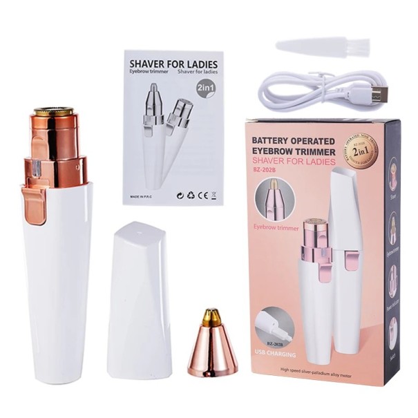 2-i-1 genopladelig elektrisk barbermaskine multifunktionel trimmer 2 udskiftelige hoveder vaskbar epilator USB-opladning øjenbrynsbeskæring og hårfjerning hvid