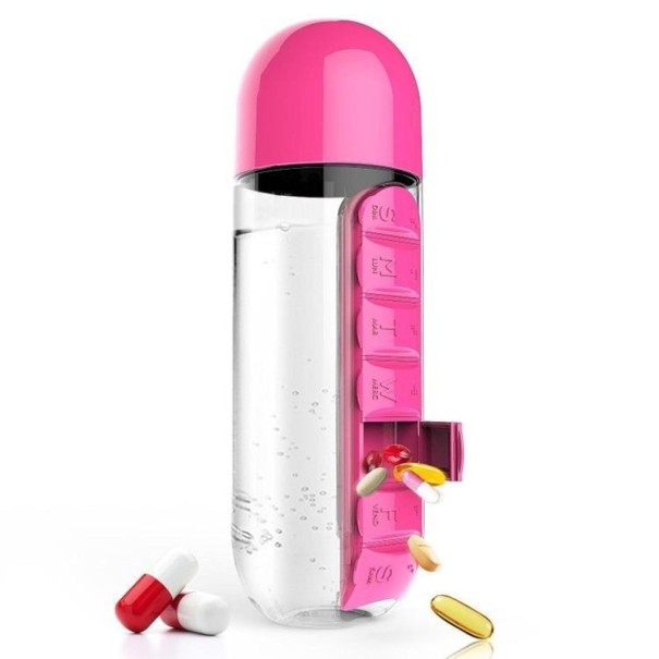 2-in-1 drinkfles en medicijndispenser donkerroze