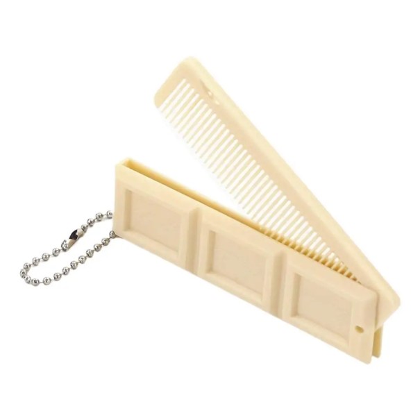 2-in-1 Folding Comb with Mirror in Chocolate Shape Compact Folding Flat Comb Pocket Cosmetic Accessory beige