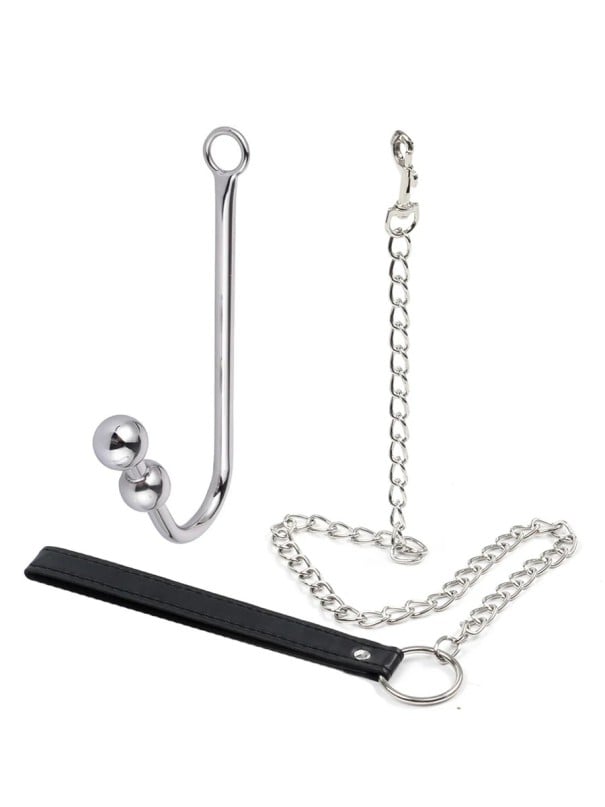 2-in-1-setti, jossa ruostumattomasta teräksestä valmistettu anaalikoukku, jossa on kaksi kuulaa kärjessä ja 92 cm metallirengashihna aistilliseen 1