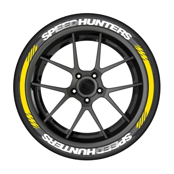 2 ks samolepek na pneumatiky SPEEDHUNTERS 37,67 x 2,54 cm + 2 ks dekorací na kola 35,5 x 1,9 cm Voděodolné PVC obtisky pro tuning aut žlutá