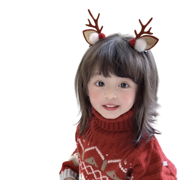 2 pcs Barrette pour enfants avec des bois de cerf et des oreilles Pompons blancs et rouges Accessoires capillaires de Noël Jolis ornements marron