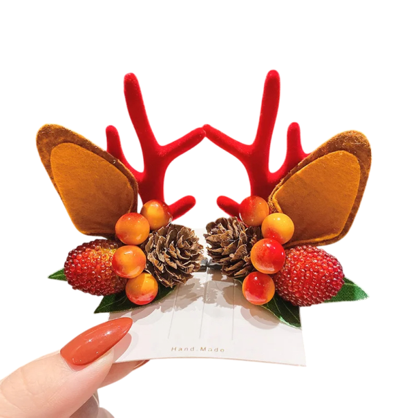 2 pcs Barrette pour enfants avec des bois et des oreilles de renne Décorations de cheveux de Noël Barrette mignonne avec des fruits rouge