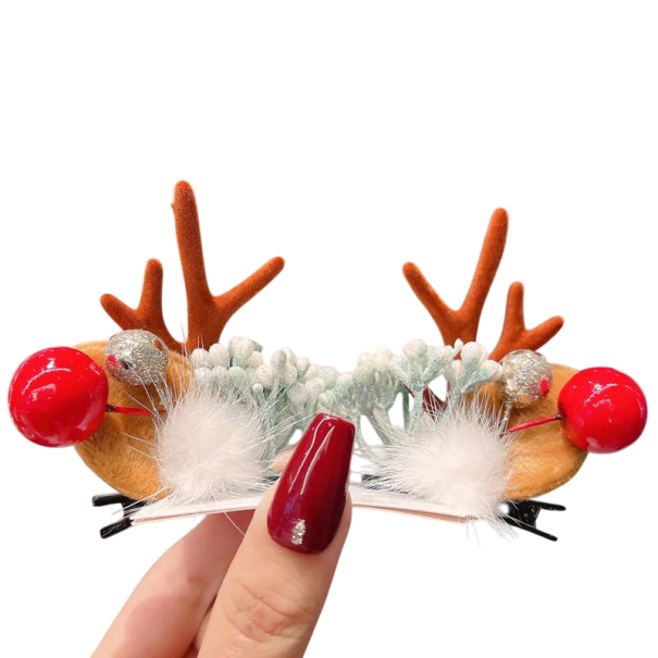 2 pcs Barrette pour enfants avec des bois et oreilles de renne Barrette de Noël avec des pompons blancs Accessoires d'hiver mignons pour cheveux 1