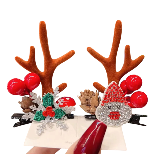 2 pcs Barrettes pour enfants avec des bois de renne, Santa Claus, flocon de neige, fruits et pommes de pin, accessoires de cheveux de Noël, barrettes 1