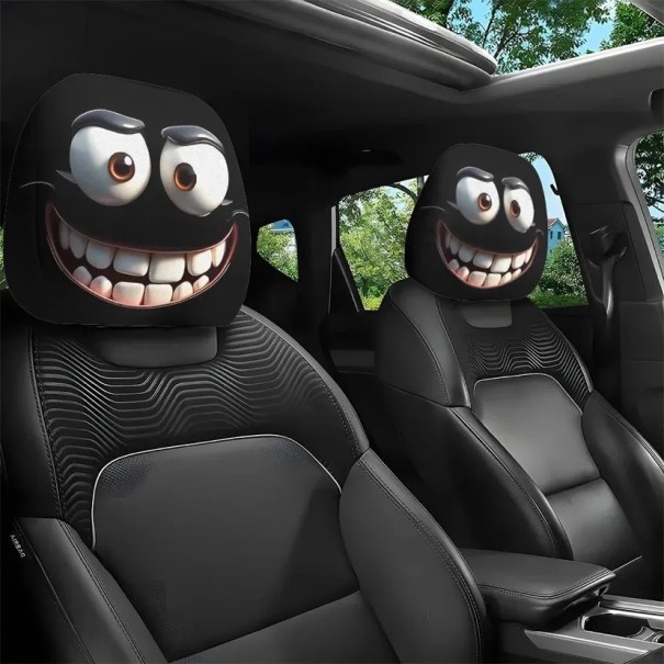 2 pcs Black Car Headrest Cover White Eyes with Smile 28 x 26 cm Polyester Interior Decoration 1