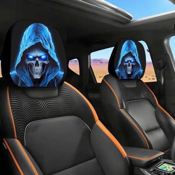 2 pcs capa de apoio de cabeça para carro 28 x 26 cm capa de poliéster preto com motivo de esqueleto com capuz decoração de interior 1