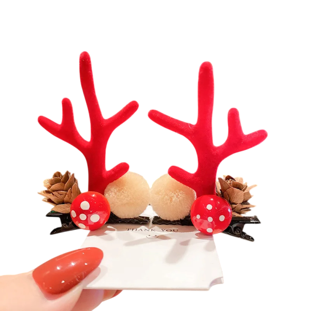 2 pcs Children's Hair Clips Reindeer Antlers and Ears Christmas Hair Decorations Cute Clips with Mushrooms and Cones Winter Accessories for Children red