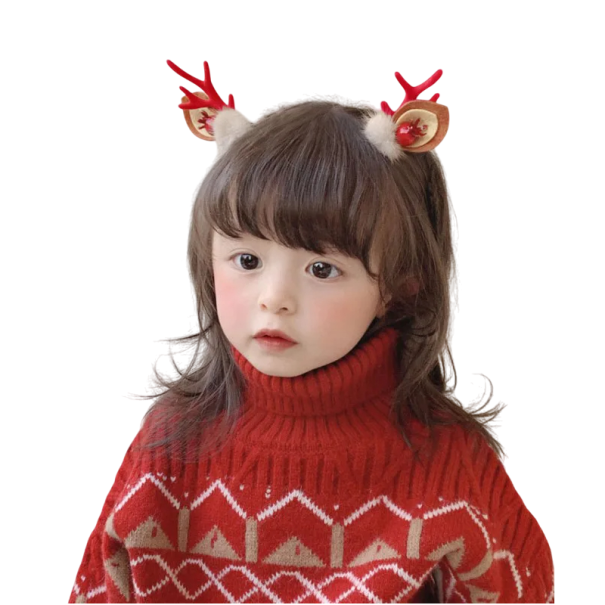 2 pcs Children's Hair Clips with Deer Antlers and Ears White Pom Poms and Fruit Cute Winter Hair Accessories Christmas Hair Clips 1
