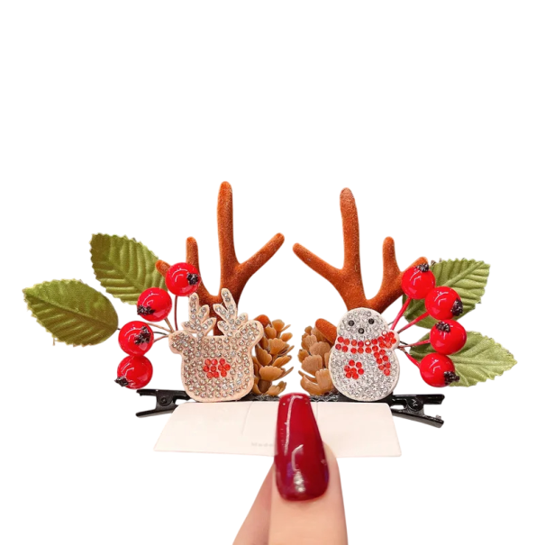 2 pcs Ganchos de cabelo infantis com chifres de rena, boneco de neve, rena, rosa mosqueta e pinhas - Ganchos de Natal - Acessórios de inverno adoráveis - Decorações de cabelo estilosas 1