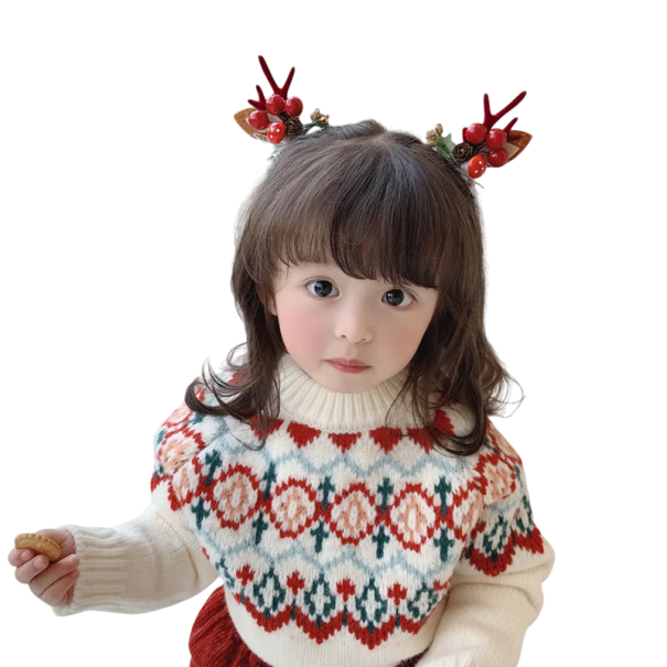 2 pcs Ganchos de cabelo infantis com chifres e orelhas de rena Acessórios de cabelo de Natal Ganchos adoráveis com fruta e pinhas Decorações de inverno para o cabelo 1