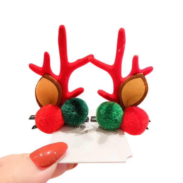2 pcs Ganchos de cabelo infantis com chifres e orelhas de rena Decorações de cabelo para o Natal Ganchos com pompons vermelhos e verdes Acessórios de Inverno para crianças vermelho